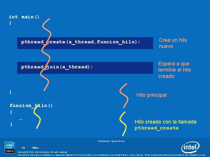 int main() { pthread_create(a_thread, funcion_hilo); Crea un hilo nuevo Espera a que termine el