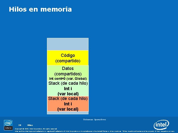 Hilos en memoria Código (compartido) Datos (compartidos) Int cont=0 (var. Global) Stack (de cada