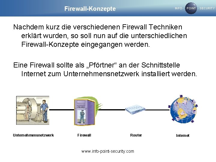 Firewall-Konzepte INFO - POINT - SECURITY Nachdem kurz die verschiedenen Firewall Techniken erklärt wurden,