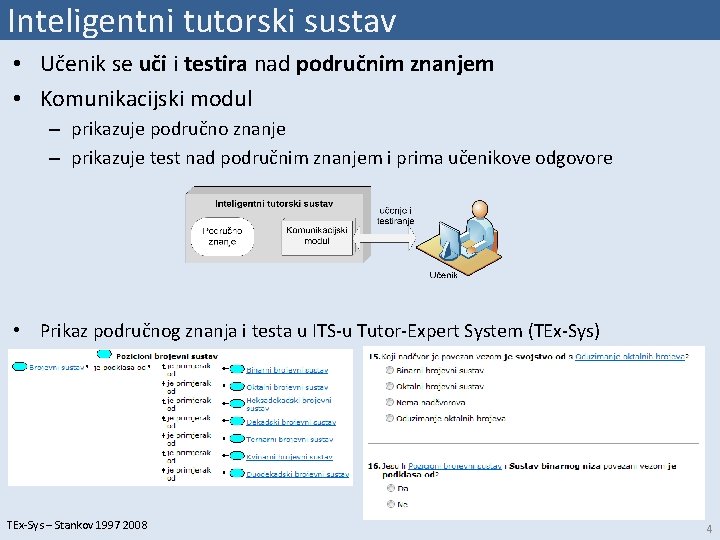 Inteligentni tutorski sustav • Učenik se uči i testira nad područnim znanjem • Komunikacijski