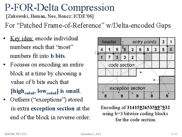 P-FOR-Delta Compression [Zukowski, Heman, Nes, Boncz: ICDE’ 06] For “Patched Frame-of-Reference” w/Delta-encoded Gaps •