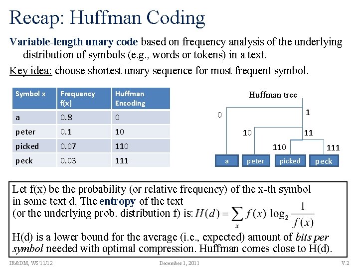 Recap: Huffman Coding Variable-length unary code based on frequency analysis of the underlying distribution