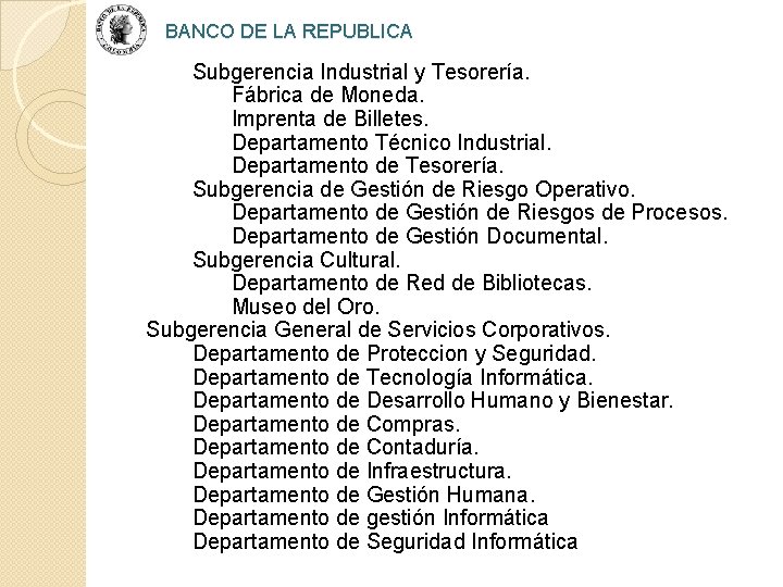 BANCO DE LA REPUBLICA Subgerencia Industrial y Tesorería. Fábrica de Moneda. Imprenta de Billetes.