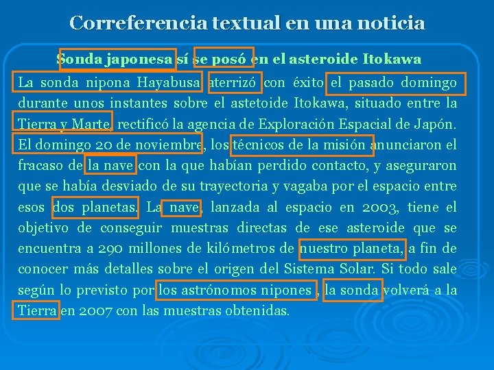 Correferencia textual en una noticia Sonda japonesa sí se posó en el asteroide Itokawa Correferencia textual en una noticia Sonda japonesa sí se posó en el asteroide Itokawa