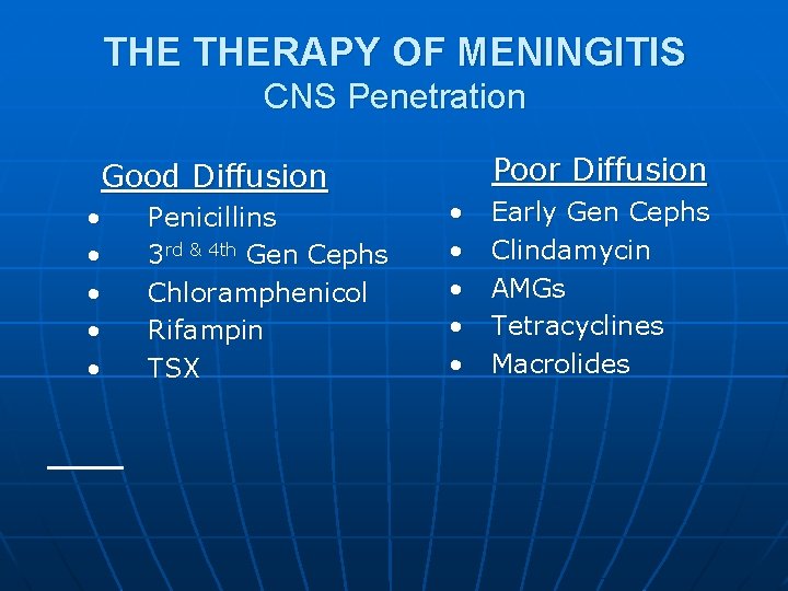 THE THERAPY OF MENINGITIS CNS Penetration Good Diffusion • • • Penicillins 3 rd