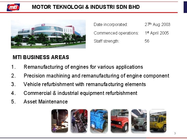 MOTOR TEKNOLOGI & INDUSTRI SDN BHD Date incorporated: 27 th Aug 2003 Commenced operations: MOTOR TEKNOLOGI & INDUSTRI SDN BHD Date incorporated: 27 th Aug 2003 Commenced operations: