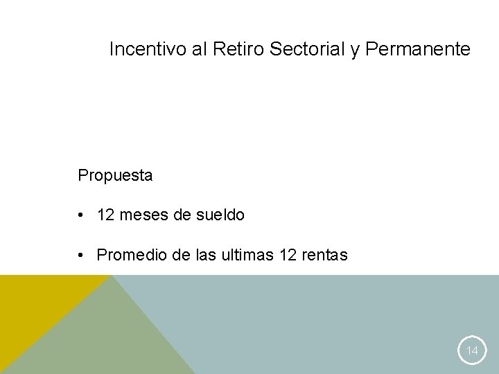 Incentivo al Retiro Sectorial y Permanente Propuesta • 12 meses de sueldo • Promedio