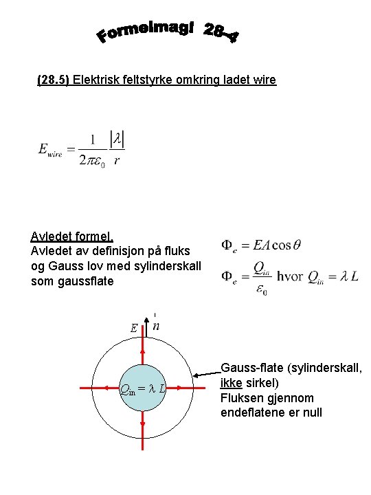 (28. 5) Elektrisk feltstyrke omkring ladet wire Avledet formel. Avledet av definisjon på fluks