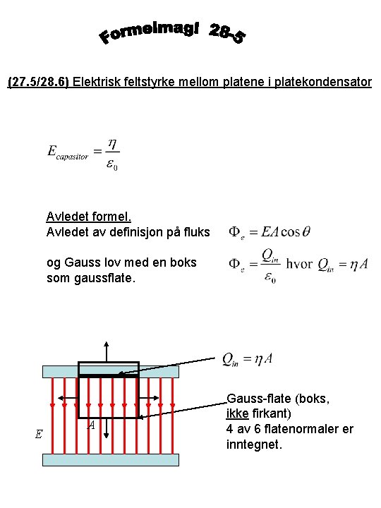 (27. 5/28. 6) Elektrisk feltstyrke mellom platene i platekondensator Avledet formel. Avledet av definisjon