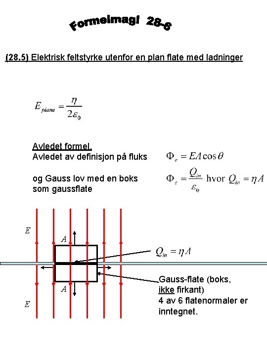 (28. 5) Elektrisk feltstyrke utenfor en plan flate med ladninger Avledet formel. Avledet av