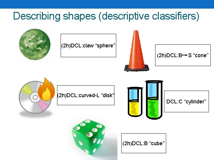 Describing shapes (descriptive classifiers) (2 h)DCL: claw “sphere” (2 h)DCL: B S “cone” (2