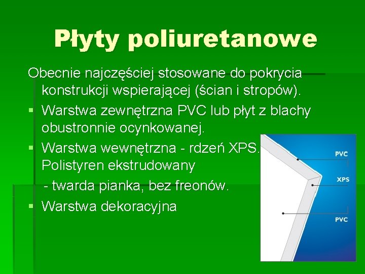 Płyty poliuretanowe Obecnie najczęściej stosowane do pokrycia konstrukcji wspierającej (ścian i stropów). § Warstwa