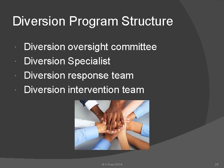 Diversion Program Structure Diversion oversight committee Diversion Specialist Diversion response team Diversion intervention team