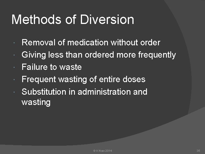 Methods of Diversion Removal of medication without order Giving less than ordered more frequently