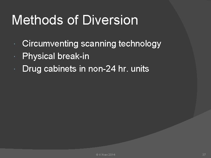 Methods of Diversion Circumventing scanning technology Physical break-in Drug cabinets in non-24 hr. units