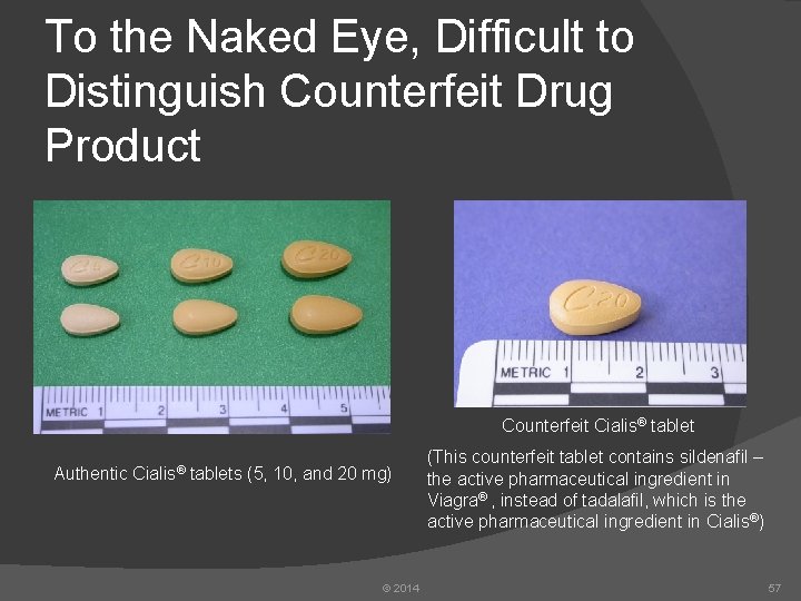 To the Naked Eye, Difficult to Distinguish Counterfeit Drug Product Counterfeit Cialis® tablet Authentic