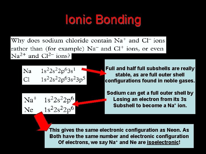 Ionic Bonding Full and half full subshells are really stable, as are full outer