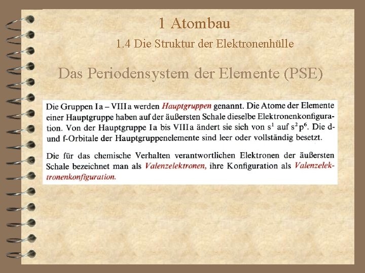 1 Atombau 1. 4 Die Struktur der Elektronenhülle Das Periodensystem der Elemente (PSE) 