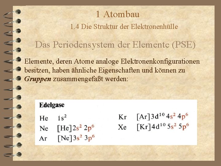 1 Atombau 1. 4 Die Struktur der Elektronenhülle Das Periodensystem der Elemente (PSE) Elemente,