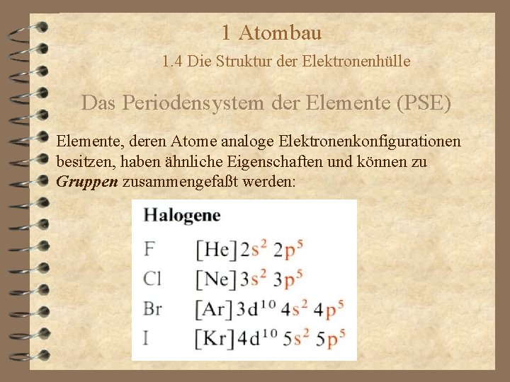 1 Atombau 1. 4 Die Struktur der Elektronenhülle Das Periodensystem der Elemente (PSE) Elemente,