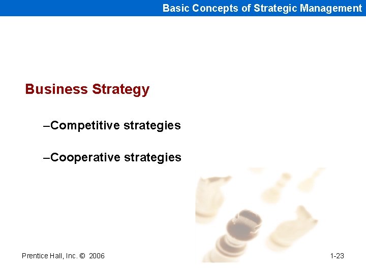Basic Concepts of Strategic Management Business Strategy –Competitive strategies –Cooperative strategies Prentice Hall, Inc. Basic Concepts of Strategic Management Business Strategy –Competitive strategies –Cooperative strategies Prentice Hall, Inc.