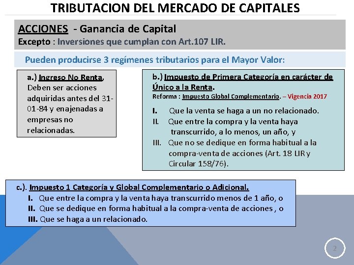 TRIBUTACION DEL MERCADO DE CAPITALES ACCIONES - Ganancia de Capital Excepto : Inversiones que