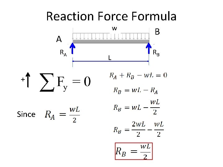 Reaction Force Formula w A RA + Since L B RB 