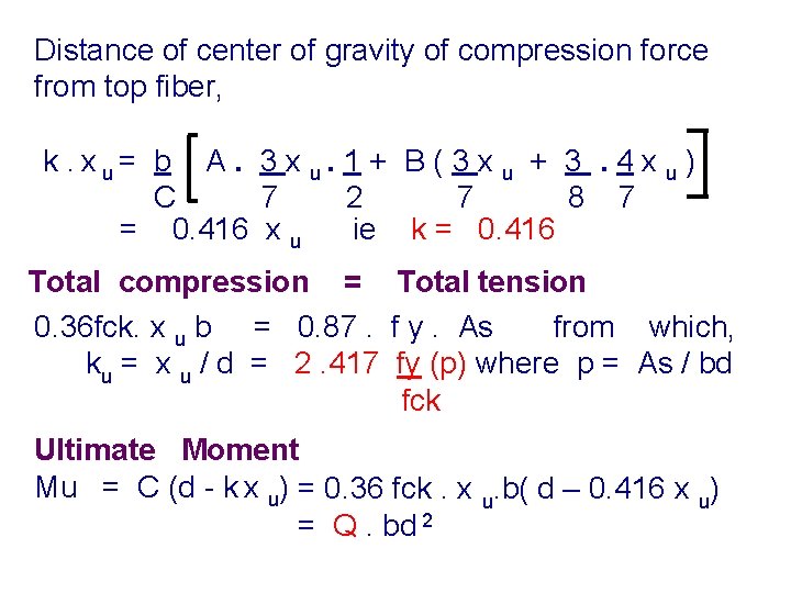 Distance of center of gravity of compression force from top fiber, k. x u