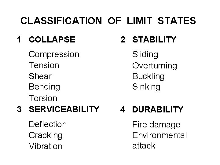 CLASSIFICATION OF LIMIT STATES 1 COLLAPSE Compression Tension Shear Bending Torsion 3 SERVICEABILITY Deflection