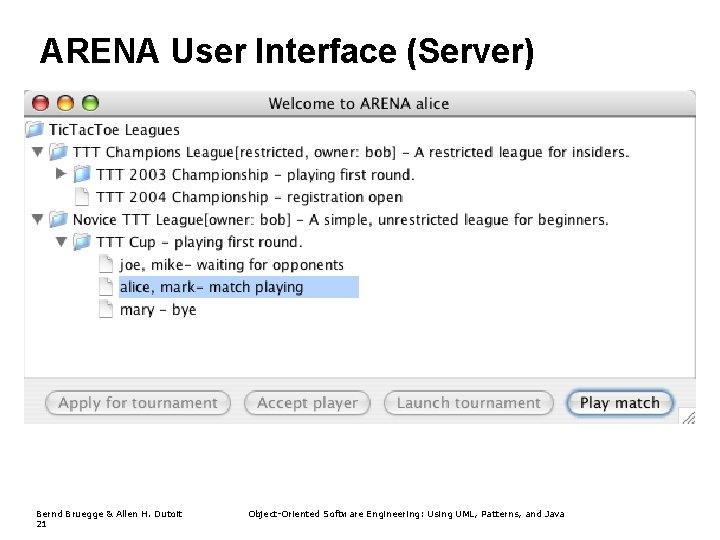 ARENA User Interface (Server) Bernd Bruegge & Allen H. Dutoit 21 Object-Oriented Software Engineering: