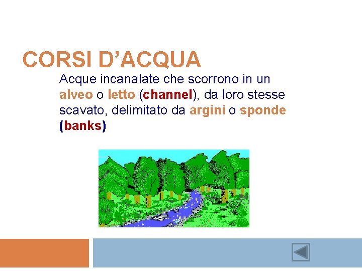 CORSI D’ACQUA Acque incanalate che scorrono in un alveo o letto (channel), da loro