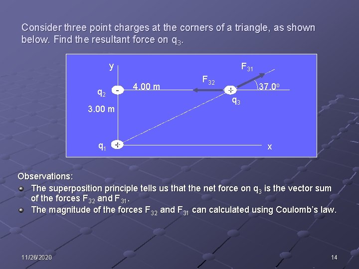 Consider three point charges at the corners of a triangle, as shown below. Find