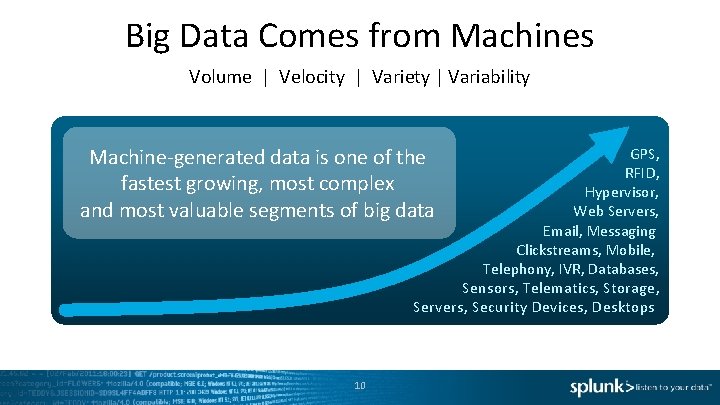 Big Data Comes from Machines Volume | Velocity | Variety | Variability Machine-generated data