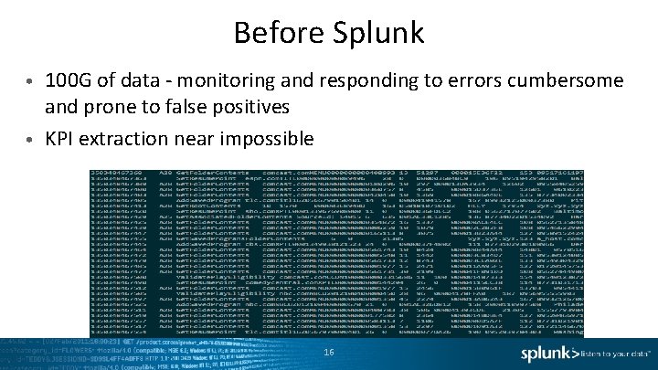 Before Splunk 100 G of data - monitoring and responding to errors cumbersome and