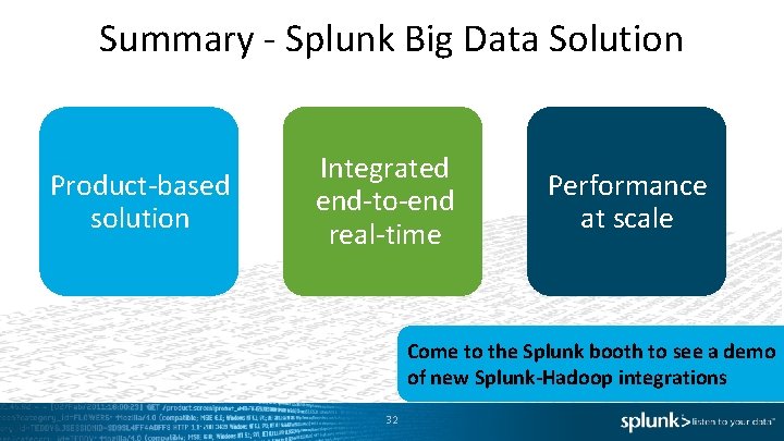Summary - Splunk Big Data Solution Product-based solution Integrated end-to-end real-time Performance at scale