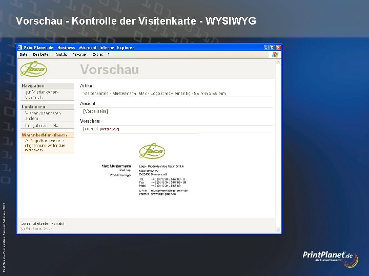 Print. Planet – Präsentation Business. Solution - 2013 Vorschau - Kontrolle der Visitenkarte -