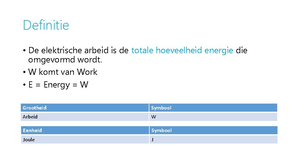 Definitie • De elektrische arbeid is de totale hoeveelheid energie die omgevormd wordt. •