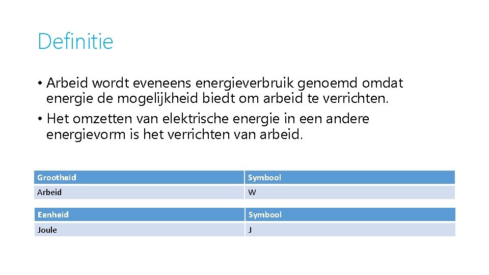 Definitie • Arbeid wordt eveneens energieverbruik genoemd omdat energie de mogelijkheid biedt om arbeid