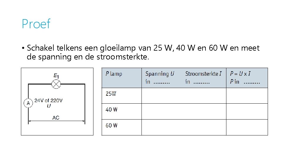 Proef • Schakel telkens een gloeilamp van 25 W, 40 W en 60 W