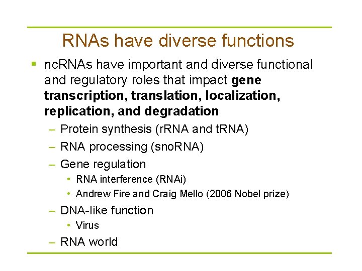 RNAs have diverse functions § nc. RNAs have important and diverse functional and regulatory