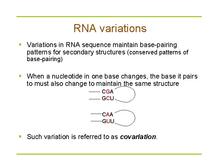 RNA variations § Variations in RNA sequence maintain base-pairing patterns for secondary structures (conserved