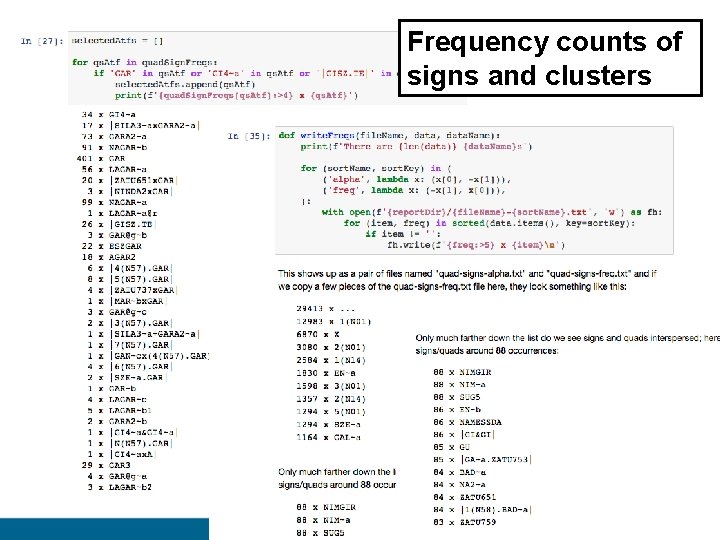 Frequency counts of signs and clusters 