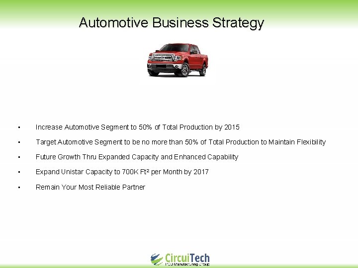 Automotive Business Strategy • Increase Automotive Segment to 50% of Total Production by 2015