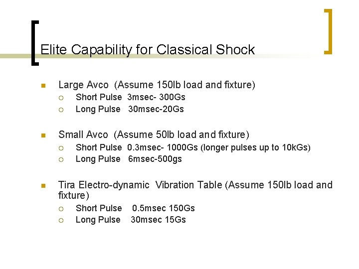 Elite Capability for Classical Shock n Large Avco (Assume 150 lb load and fixture)