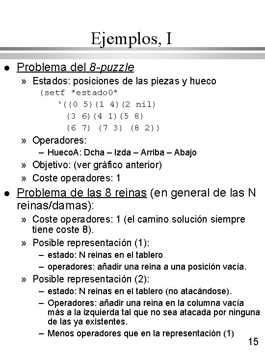 Ejemplos, I l Problema del 8 -puzzle » Estados: posiciones de las piezas y