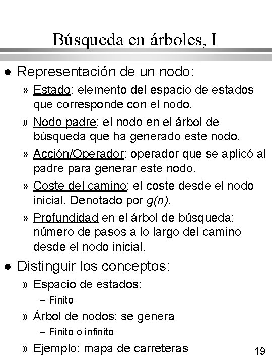 Búsqueda en árboles, I l Representación de un nodo: » Estado: elemento del espacio Búsqueda en árboles, I l Representación de un nodo: » Estado: elemento del espacio