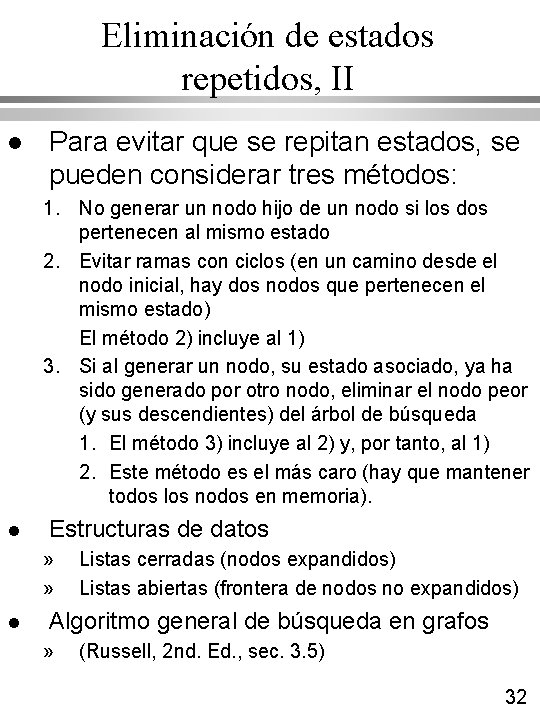 Eliminación de estados repetidos, II l Para evitar que se repitan estados, se pueden