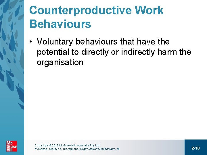 Counterproductive Work Behaviours • Voluntary behaviours that have the potential to directly or indirectly