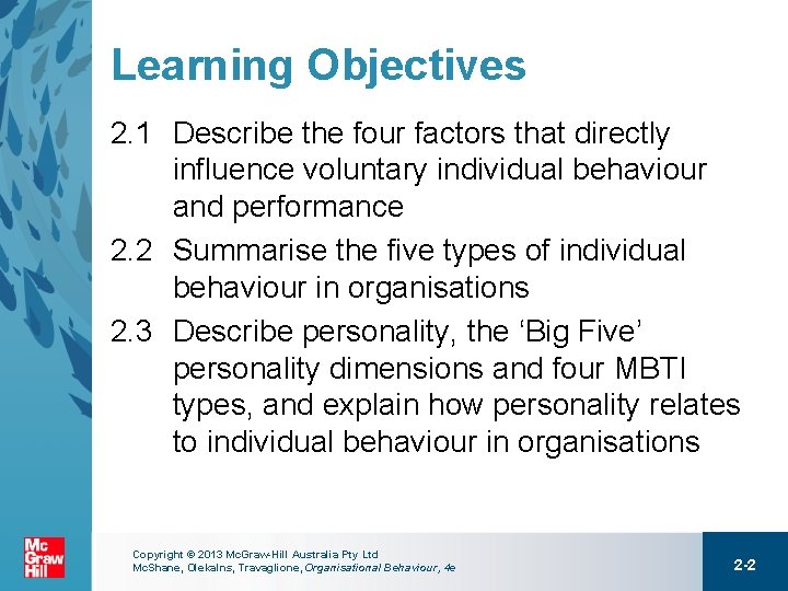Learning Objectives 2. 1 Describe the four factors that directly influence voluntary individual behaviour