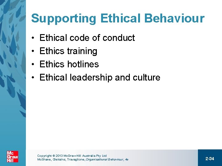 Supporting Ethical Behaviour • • Ethical code of conduct Ethics training Ethics hotlines Ethical